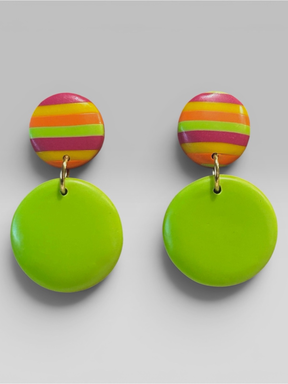 Handmade Lime Green & Rainbow Striped 2 pc Round Polymer Clay Dangle Earrings